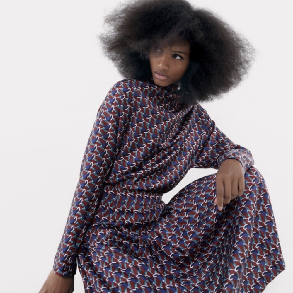 Zara Brown and Blue Leaf Print Dress